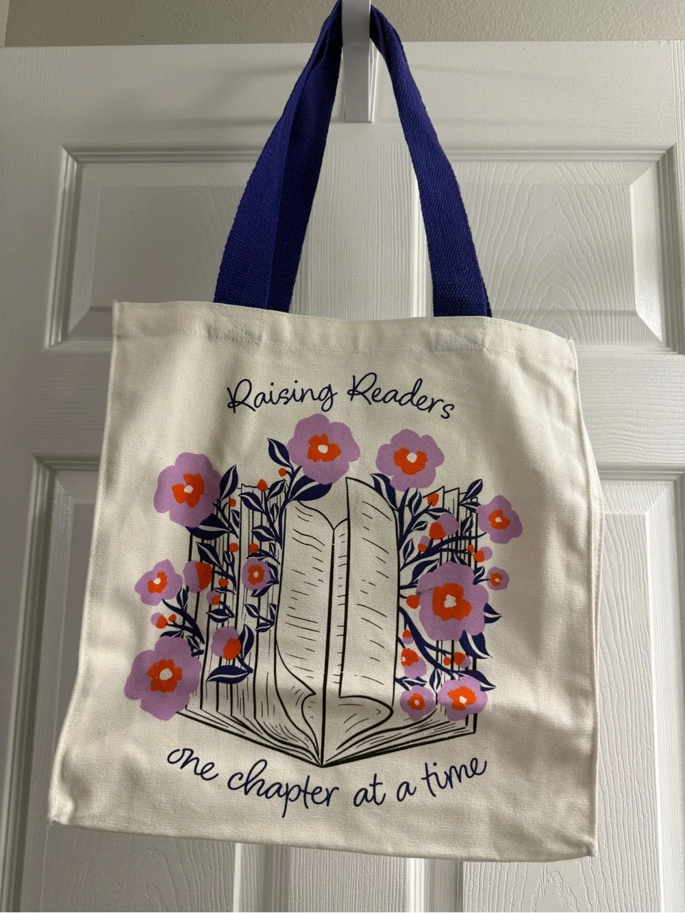 Barnes & Noble Cream Canvas Tote with Purple Handles and Floral Book Design